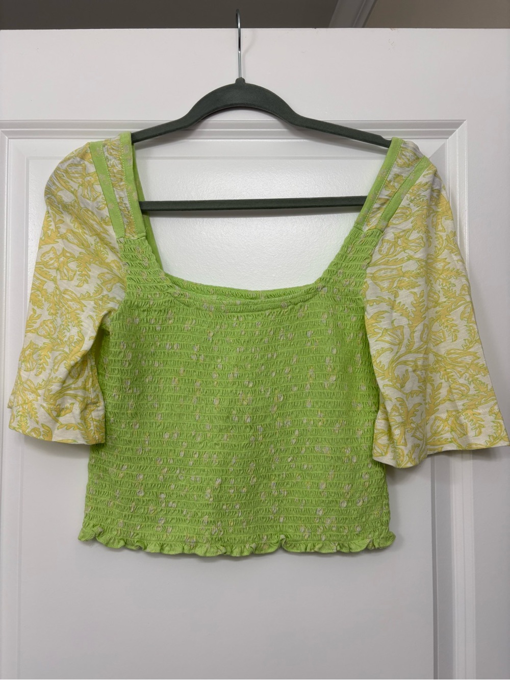 Free People Lime Green Smocked Crop Top with Yellow Floral Puff Sleeves